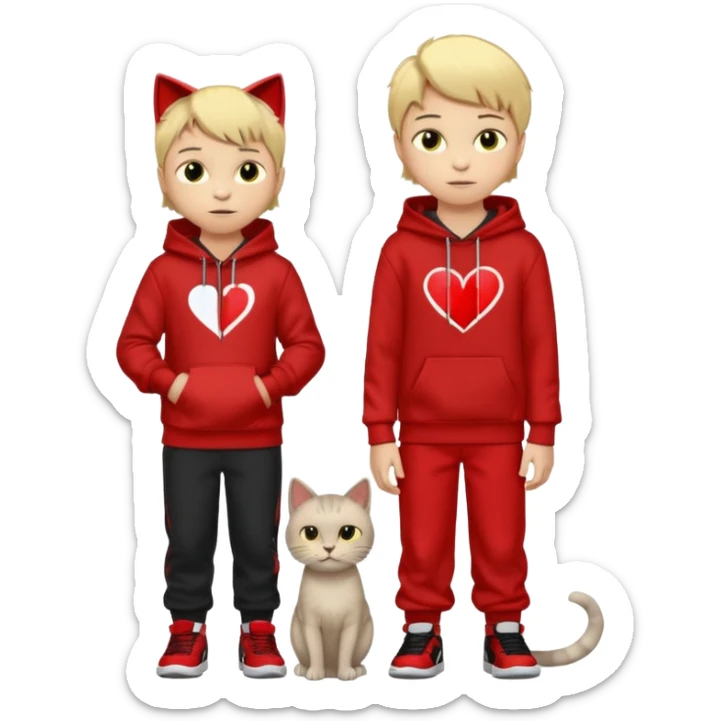 There is one 8 year old boy wearing a red and black hoodie say I heart cats he’s blond he has red Jordan’s and Hess wearing black pants he’s next to his only gray cat with yellow eyes  sticker