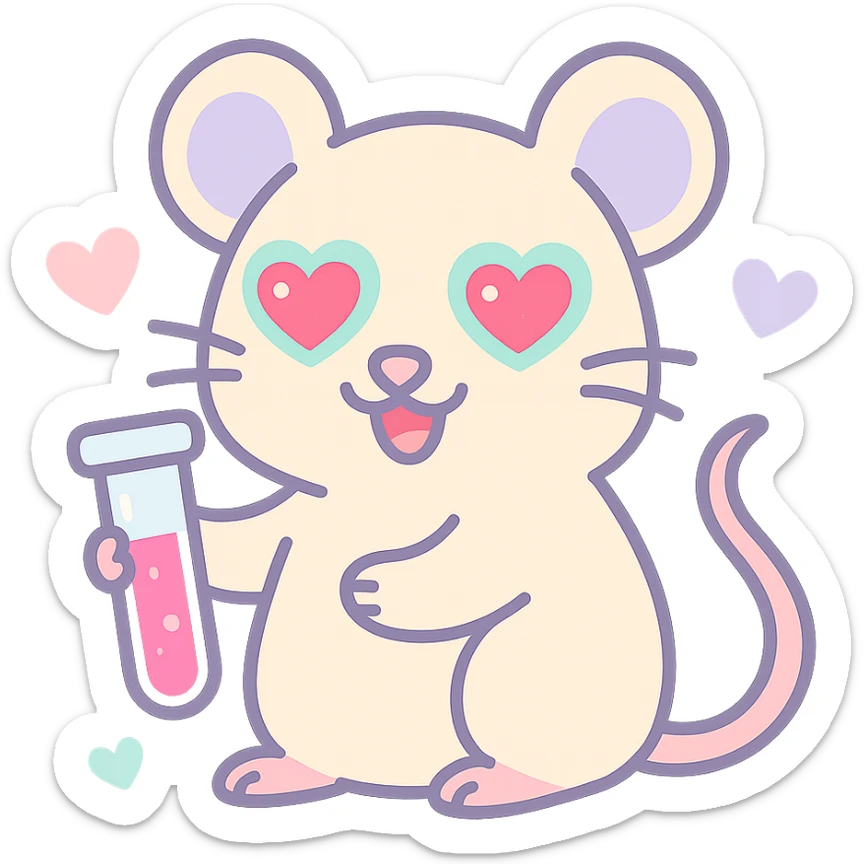 A lab rat in love with heart eyes, surrounded by heart symbols, red glowing eyes, light beige fur, detailed whiskers, holding a test tube with a pink liquid, cartoon style. sticker