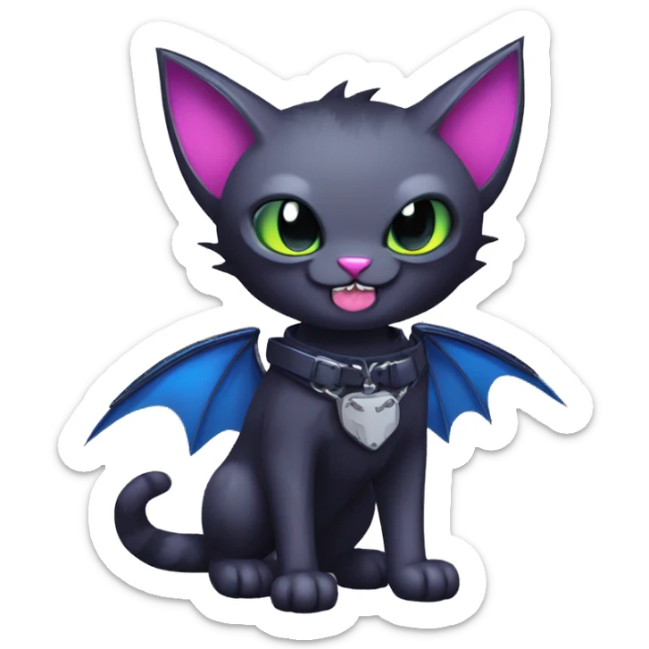  cool edgy kawaii dark-punk-themed animal vampiric cat-hybrid Fakemon with fangs and bat-wing-ears with a collar full body sticker