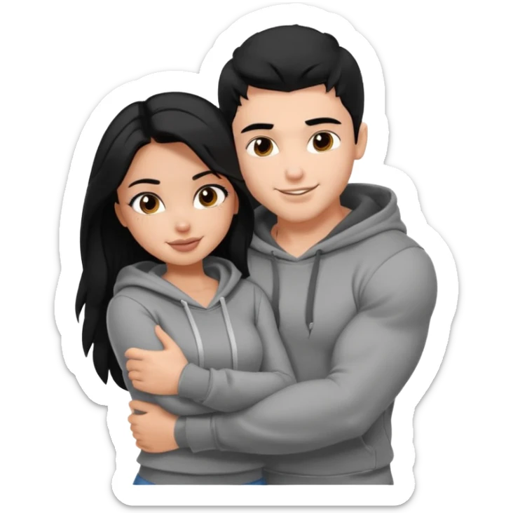 a pretty bratz boy with black hair and a grey hoodie, big biceps, hugging a girl with dark brown hair sticker