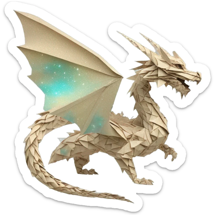 Sparkling royal patterned Beige Origami dragon with a dried flower crown made of newspapers intricate patterns surrounded by fairy lights nebula galaxy stars swirls iridescent cyan sticker