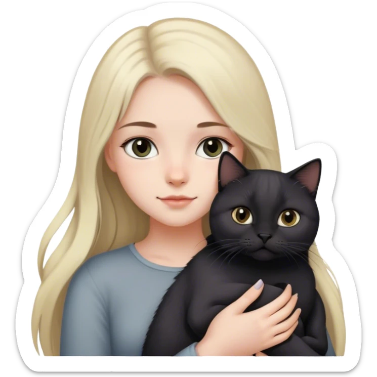 girl with light long hair, grey eyes and fair skin holds a black British cat in her arms sticker