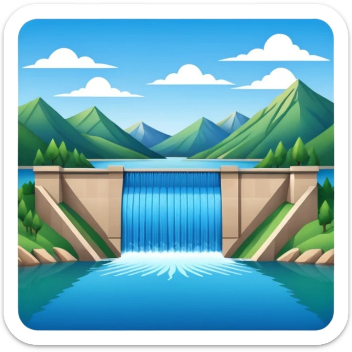 Emoji-style illustration of dam in front of mountain lake, flat vector look, bold outlines, minimal details, no background. sticker