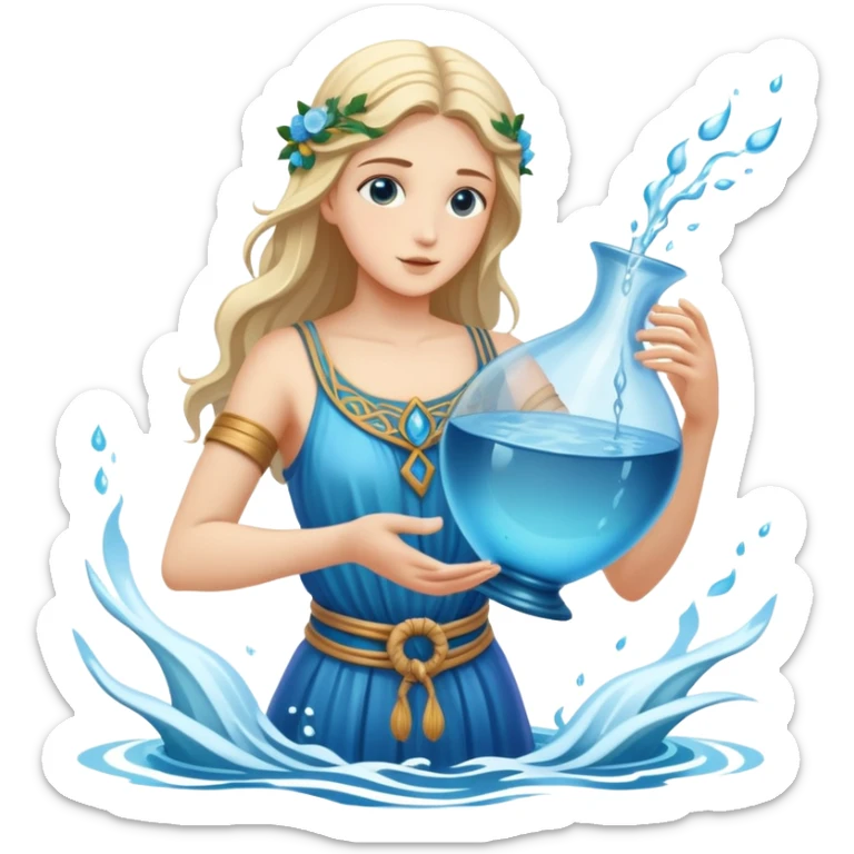 The zodiac symbol Aquarius. A mystical and beautiful water bearer, holding and pouring water from a large, intricate, and arcane vase into the sea sticker