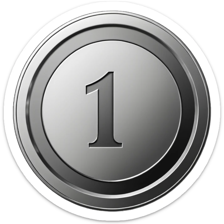 Emoji icon of a metal coin with engraved number 1, minimalist style, isolated, only metal color sticker