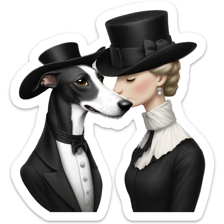 Two aristocrat dog black and white galgo kiss with women  sticker