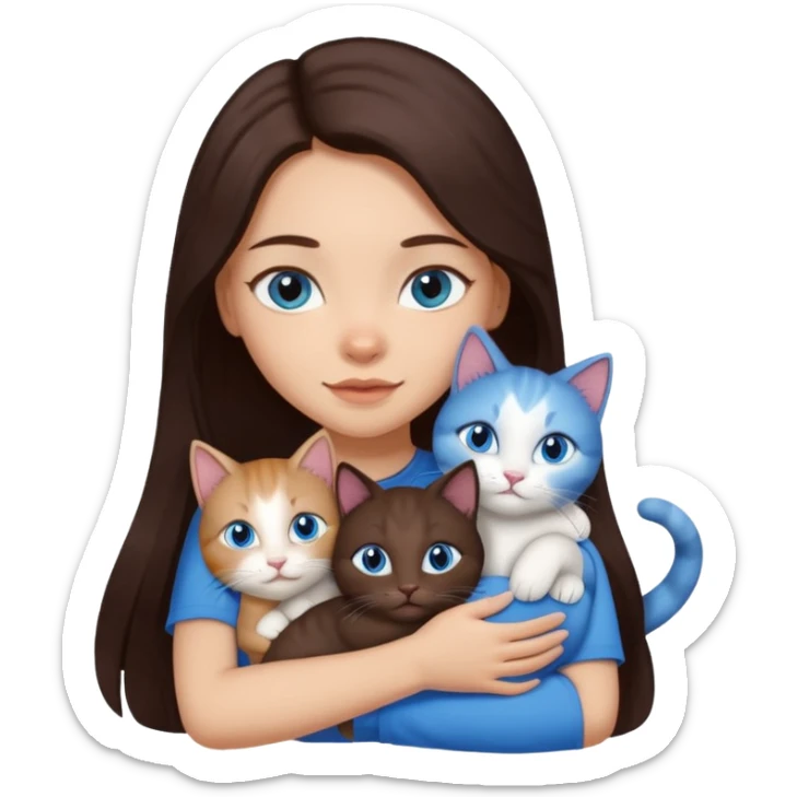 a girl with long dark 
brown hair, with blue eyes, hugs 3 different natural coloured cats sticker