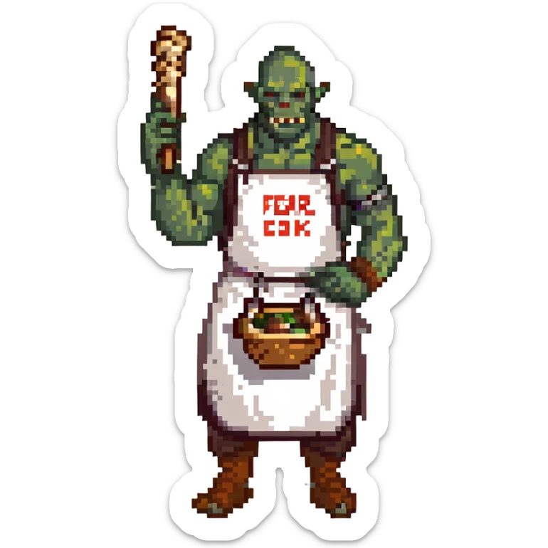 orc male Apron with "Kiss the Cook" (scratched out, replaced with "Fear the Cook"), giant rib bone as a weapon. sticker
