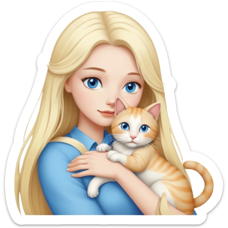 pretty woman with pale skin and with BLUE eyes and very long blonde hair  hugging a bicolor cat sticker
