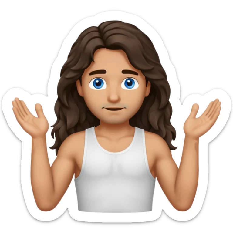 Men with olive skin, blue eyes, brown dark insanely wavy long hair, white camisole, left hand palm up crossing arms in front of face sticker
