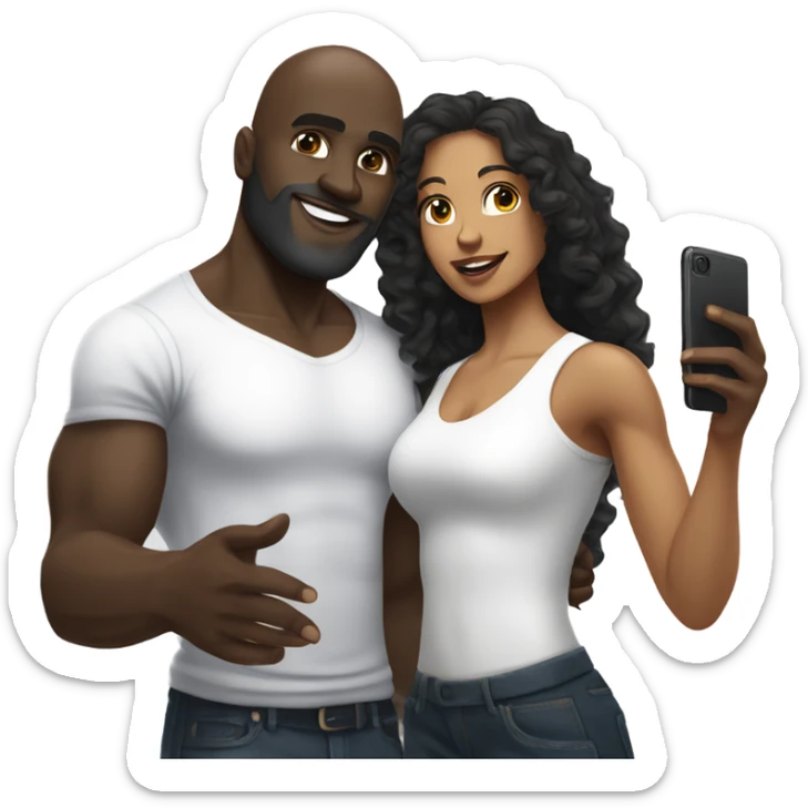 Muscular Dark skin man with bald head and beard taking selfie with light skin woman with long black curly hair sticker