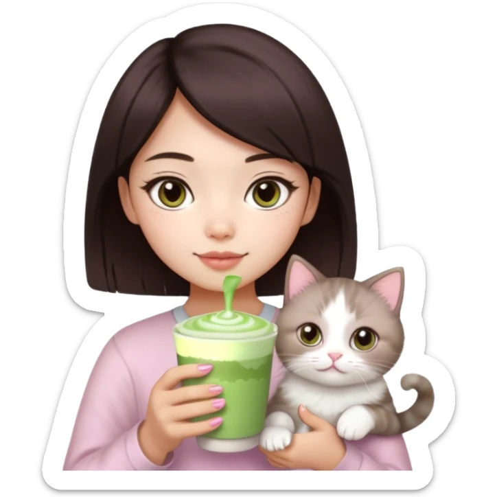 asian girl with short dark brown hair and dark brown eyes with a soft girl pink glowup aesthetic, matcha latte, 2 ragdoll cats, and sparkles sticker
