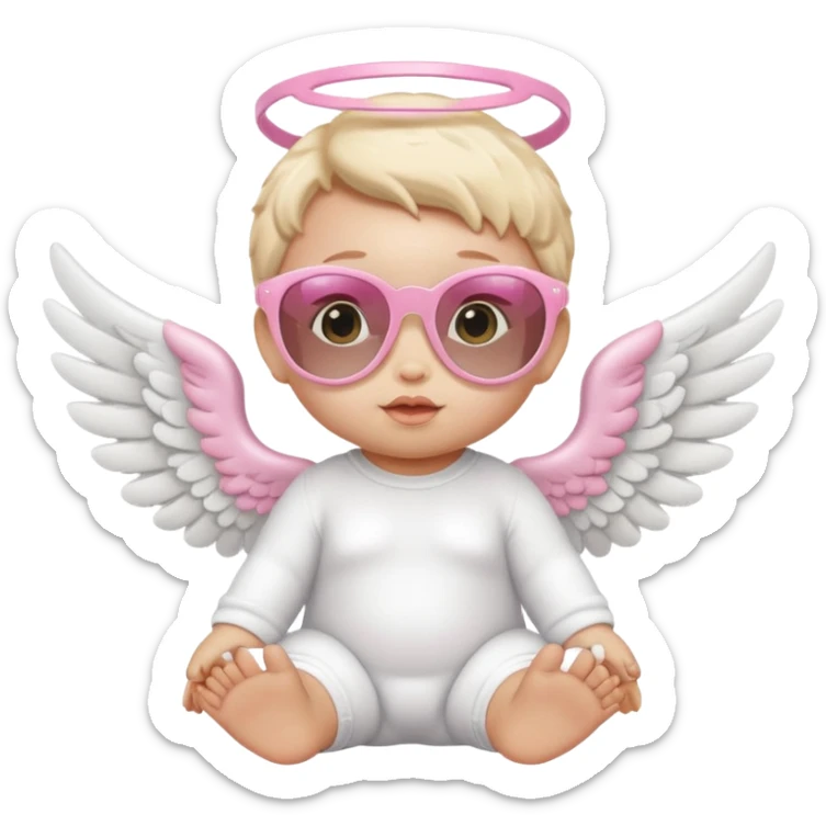 a baby animal with white angel wings and pink sunglasses on sticker
