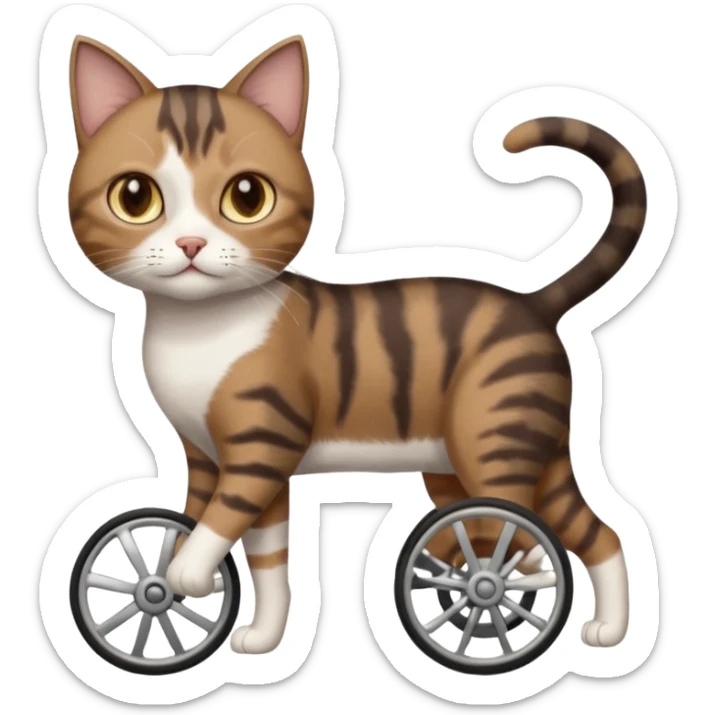 full body small short hair dark brown and white cat with hazel eyes walking in a wheelchair for cats sticker