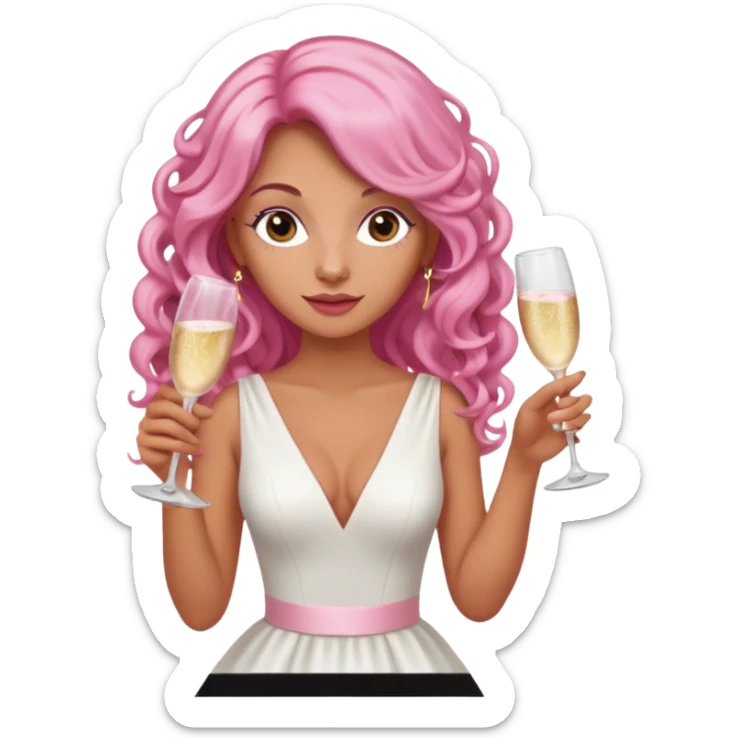 One lady with long pink curled hair and tan skin holding a glass of  pink champagne in each hand sticker