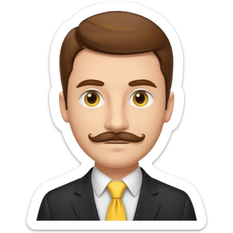 ["Fair-skinned man with brown hair and thin moustache, wearing a suit and yellow tie."] sticker