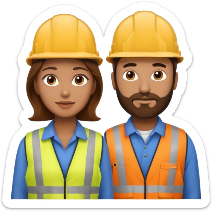 me haces una mujer pelo marron y un hombre con barba , que ambos esten vestidos como constructores de obra  sticker
