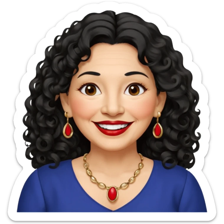 60 yr old Mexican woman, slightly chubby, wavy/curly long black hair, red lipstick, big smile, white teeth, brown eyes, hoop earings, side part to hair, round face, nice blouse, no wrinkle hair side swept, big hoop earing sticker