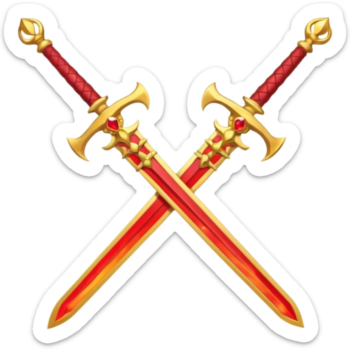 Two crossed swords that are golden in blade and handle and have fiery and royal appearence to them as well as red gem stones yellow in color sticker