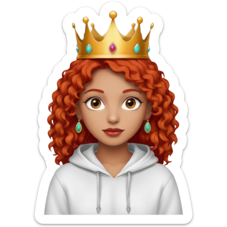 
Slim girl with a fine face, dark and tanned skin, medium-length curly tomato-red hair, dark eyes, medium-thick eyelashes, and a crown and earrings, wearing a white hooded sweatshirt. sticker