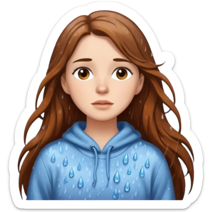 white woman with long brown hair and brown eyes, wearing a cozy sweater, standing in the rain sticker