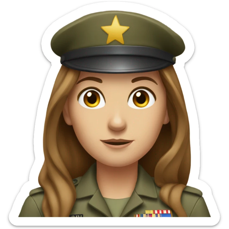 Just shoulders White woman long brown hair in army uniform no smile salute   sticker