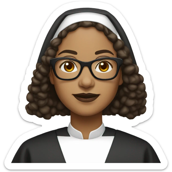 Female nun with medium skin tone and curly hair wearing spike Lee glasses sticker