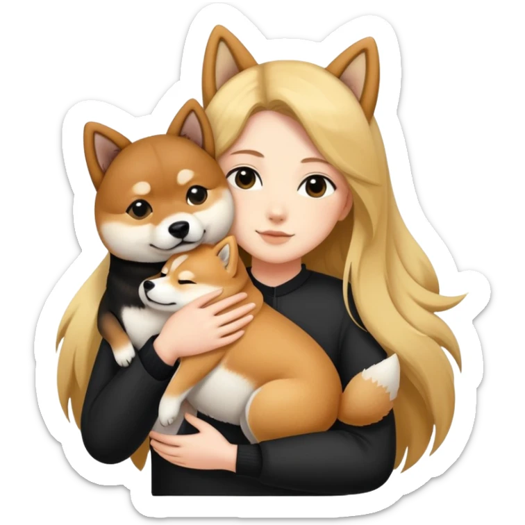 long hair kendall hugs a Shiba inu and a black shiba inu sticker