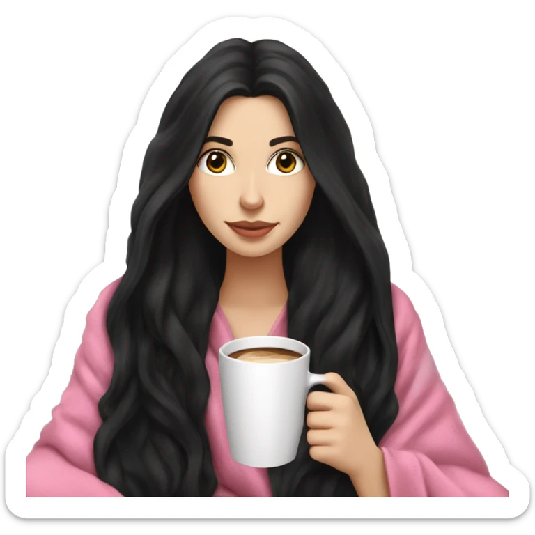 A pretty white girl with very long black hair in a pink blanket sipping coffee sticker