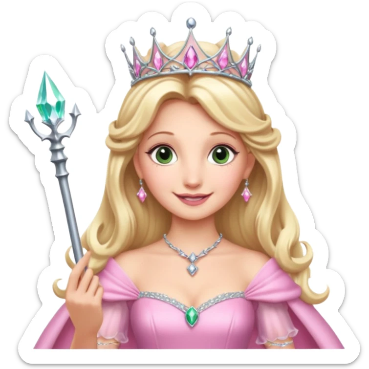 glinda the good witch from wicked movie, blonde hair, beautiful, big silver thin tiara, wand, pink gown sticker