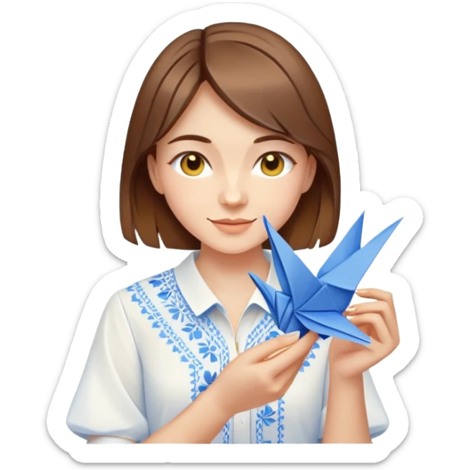 A happy Ukrainian young girl with brown hair in a white embroidered shirt making an origami crane in yellow and blue colors sticker
