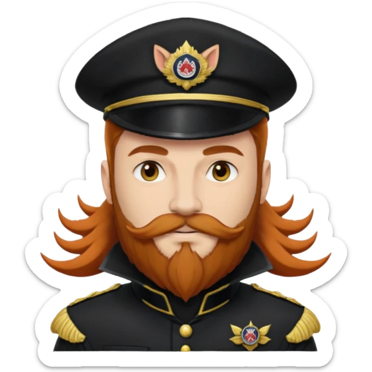 An auburn-hair'ed admiral with a flawless bear and mustache wearing a black admiral outfit and hat with Wolf Ears coming out of the hat, and 9 tails behind him, with the admiral black shirt featuring on the left breast pocket the insignia of Helldivers 2. sticker