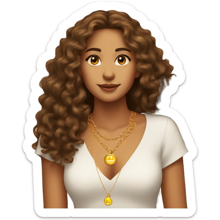 young woman tanned skin brown eyes brown long curly hair with sun gold necklace sticker