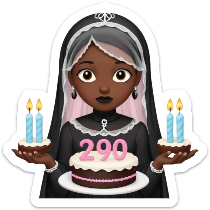 Emoji-style illustration of a cute sarcastic woman, black mourning dress and veil, holding a birthday cake with number 29 candles, ironic expression, RIP 20s theme, flat design, bold outlines, pastel gothic colors, high resolution, clean background, perfect for profile picture sticker
