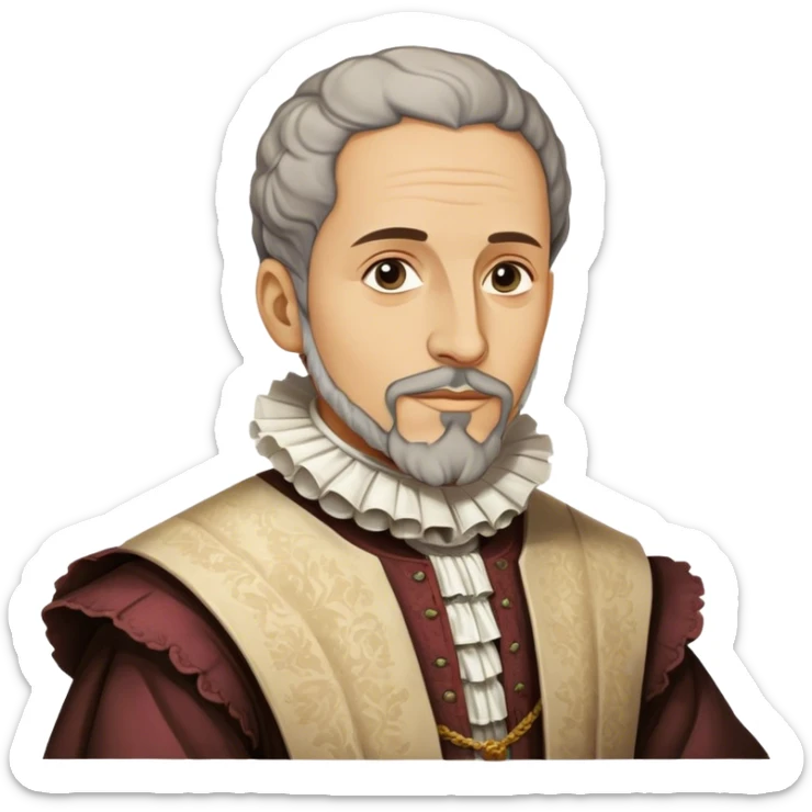 Cinematic Realistic Miguel de Cervantes Portrait Emoji, depicted as a wise thoughtful literary figure in period attire with a reflective gaze, rendered with detailed textures and soft historical lighting that captures his enduring literary legacy. sticker