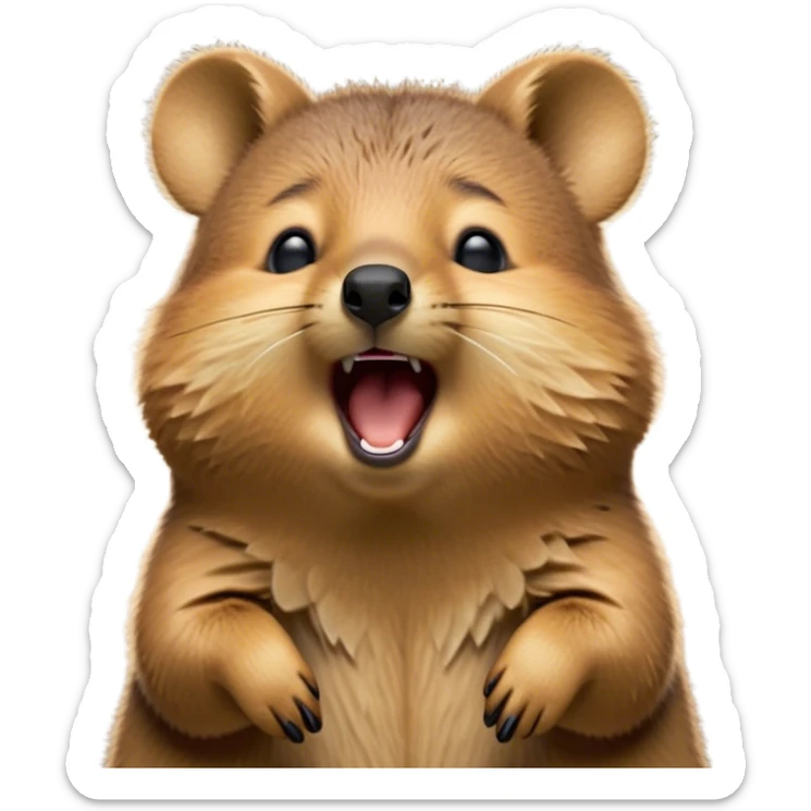 Cinematic Cute Yawning Quokka Portrait Emoji, Head tilted slightly with a dramatic, wide-open yawn, showcasing a soft, downy brown fur with a slightly droopy expression and eyes barely open in drowsy contentment, Simplified yet irresistibly adorable features, highly detailed, glowing with a soft, cozy glow, high shine, relaxed yet expressive, stylized with a touch of playful charm, bright and endearing, soft glowing outline, capturing the essence of a sleepy yet affectionate quokka, so drowsy it feels like it could stretch out of the screen and curl up for a nap! sticker