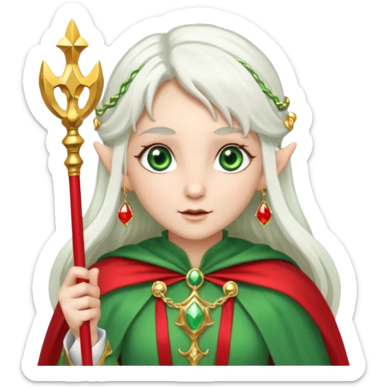 an elf with very white hair and two long PONYTAILS/pigtails on the side of her head, she has a curtain bang, green eyes, she has a white cape with golden borders and a scepter with a red orb, she has earrings that look like red drops sticker