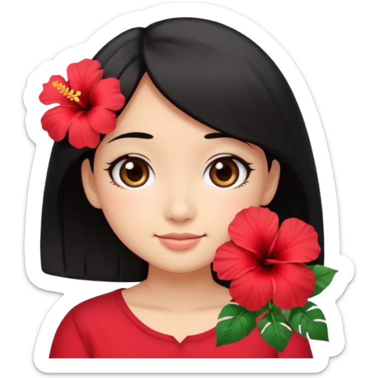 emoji-style kawaii girl face, Lilo inspiration, big round eyes, soft smile, tan skin, straight black hair, red hibiscus flower on left, minimal, pastel sticker