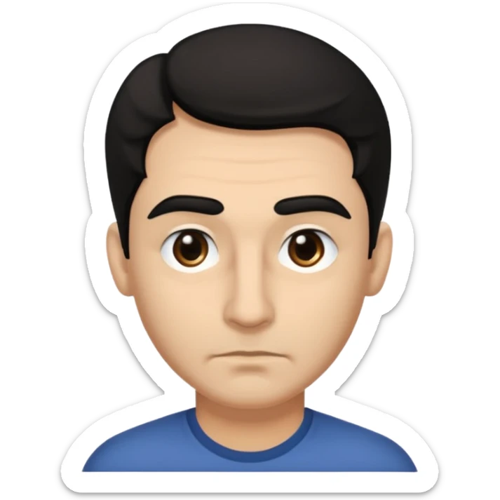 emoji a medio cuerpo, de un hombre, con cejas gruesas inclinadas hacia abajo, nariz medio grande, hombros anchos, sin sonrisa, hombros anchos, cabello medio ondulado con un corte juvenil, cabello negro. ojos negros. sticker