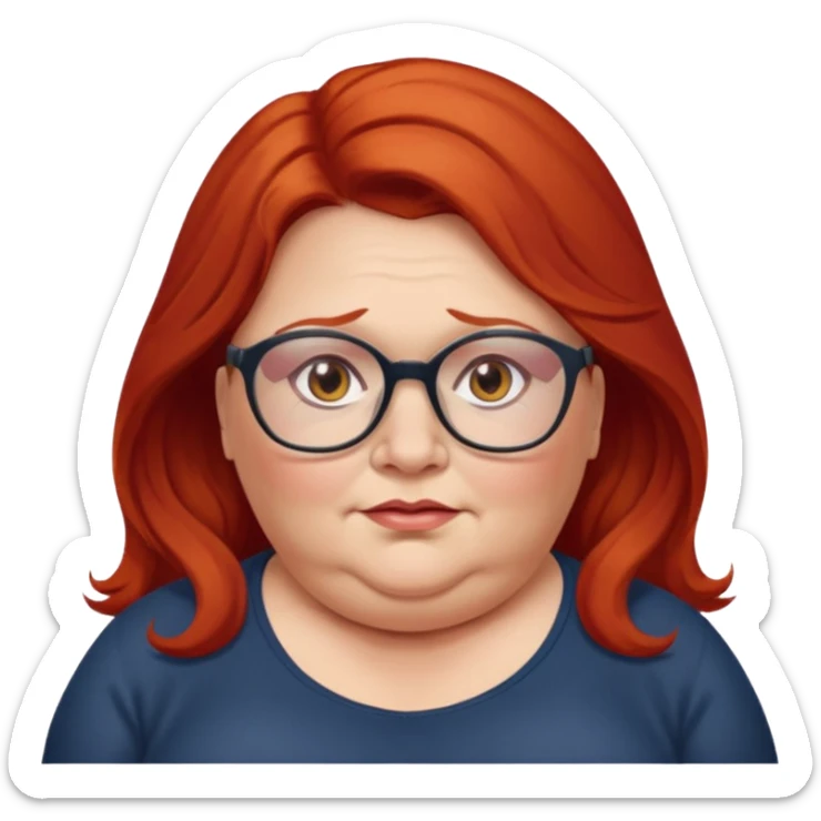 obese; older 50's ; long red hair ; women hazel eyes; glasses sticker