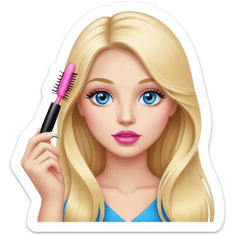 Blonde woman with long hair, blue eyes and pink lips holding mascara in her hands sticker