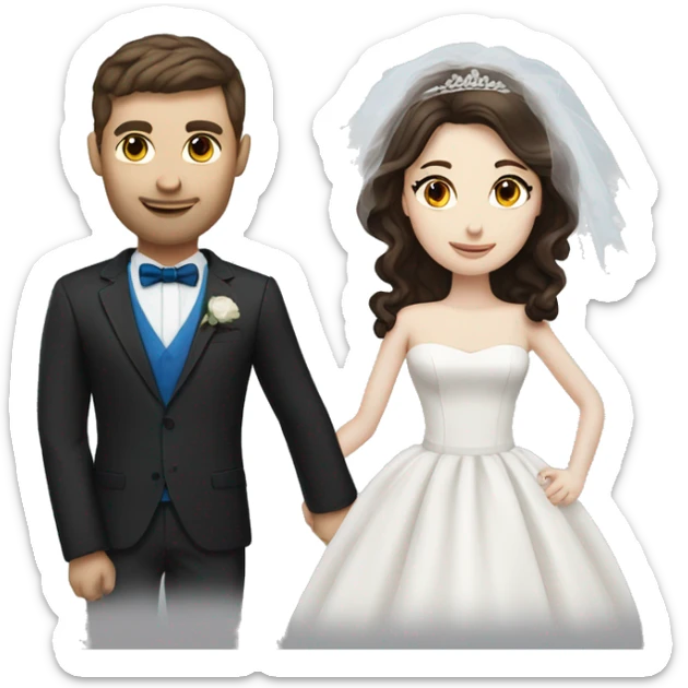 Bride with pale skin, dark brown hair & blue eyes standing with Groom with dark brown hair and brown eyes sticker