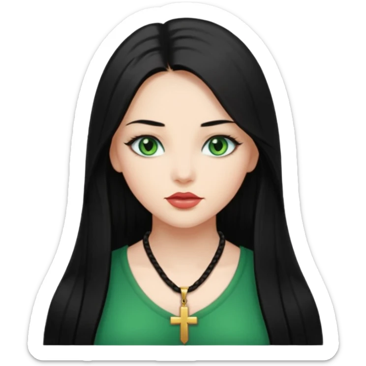 Girl, long black straight hair, green eyes, plump lips, cross necklace  sticker