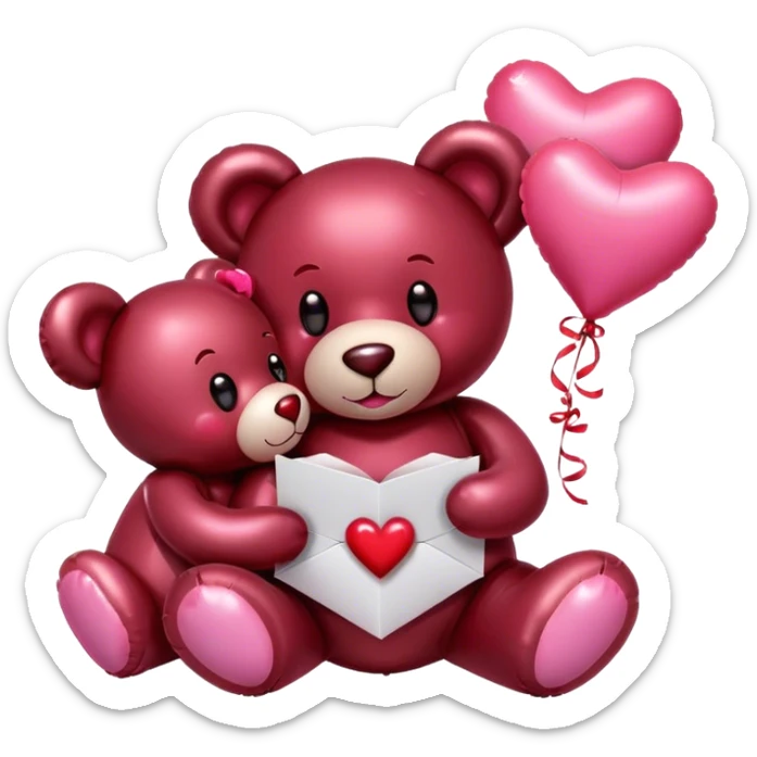 maroon love letter, three metallic pink heart-shaped balloons and red kisses and love teddy bear sticker