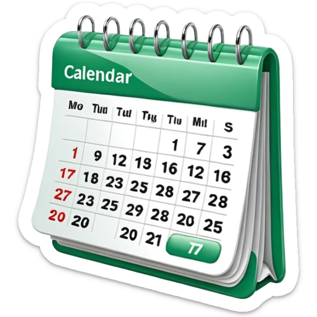 A glossy 3D icon of a clean digital calendar with green (#16A34A) accent highlights, floating pages, subtle shadows, and a modern SaaS-UI look. Soft reflections, rounded edges, friendly professional style. Represents scheduling and reservation management. sticker