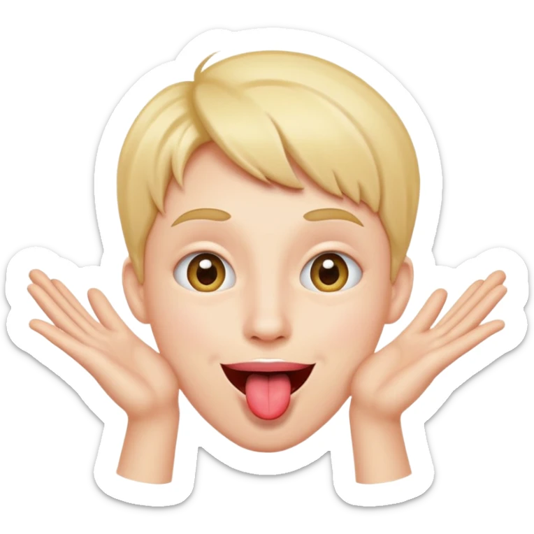 pessoa fazendo careta, com sorriso divertido, língua pra fora e mãos abertas próximas ao rosto sticker