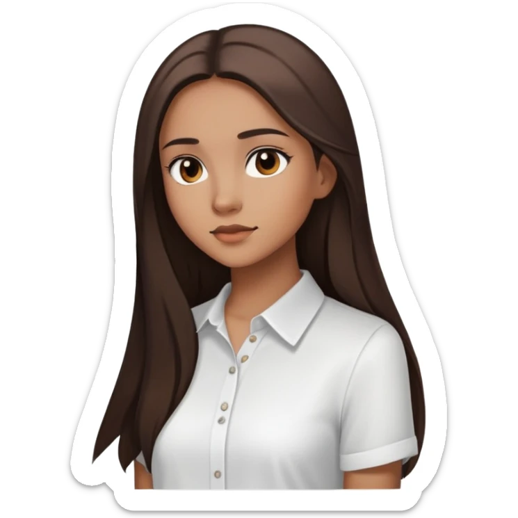 Feminine girl with light brown skin, dark straight long hair and dark eyes, wearing a white shirt, profile picture style sticker