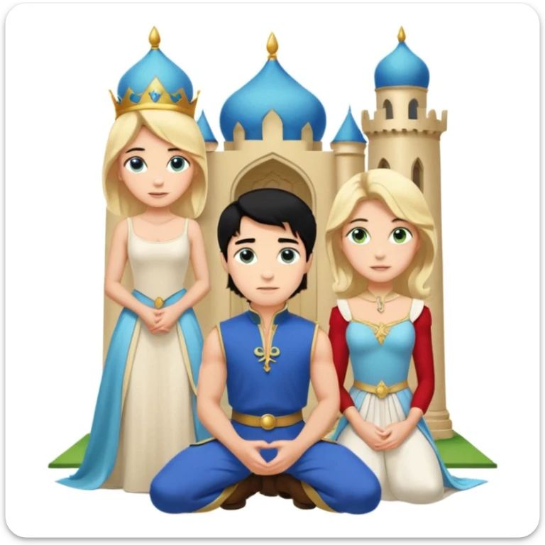 Man as prince, upright, black Hair, blue eyes, woman, blonde, green eyes, shott white sleveless Dress, kneeling, background palace sticker