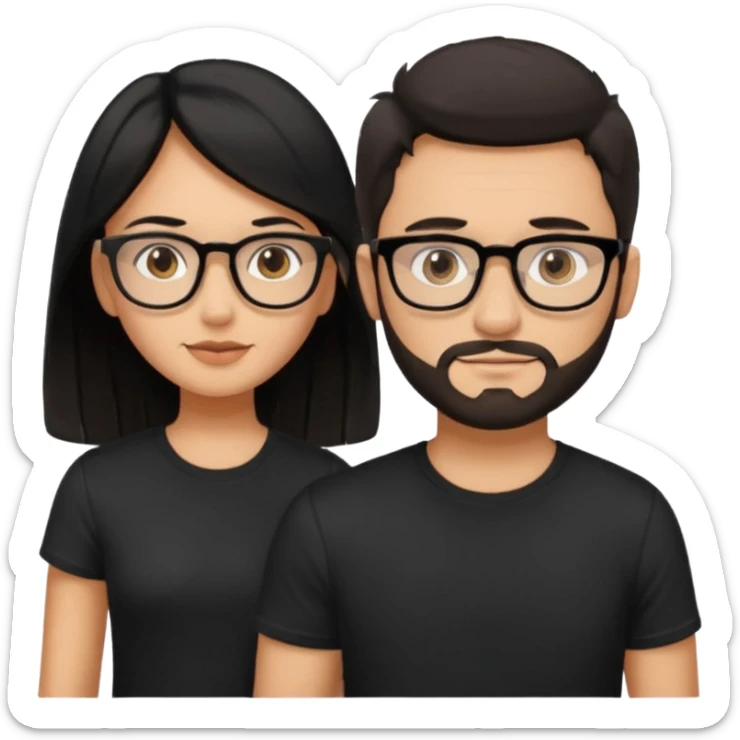 chico con gafas y barba corta moreno  camiseta negra al lado una chica pelo negro  largo piel blanca y camiseta rosa ojos marrones sticker