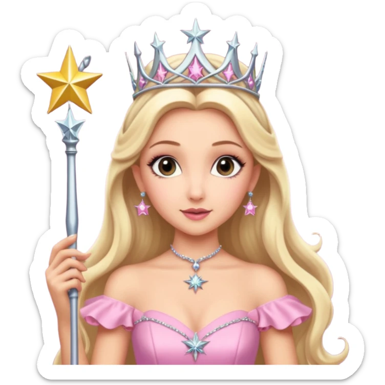 glinda the good witch from wicked movie (ariana grande) blonde hair, beautiful, big silver thin tiara, star wand, pink gown sticker